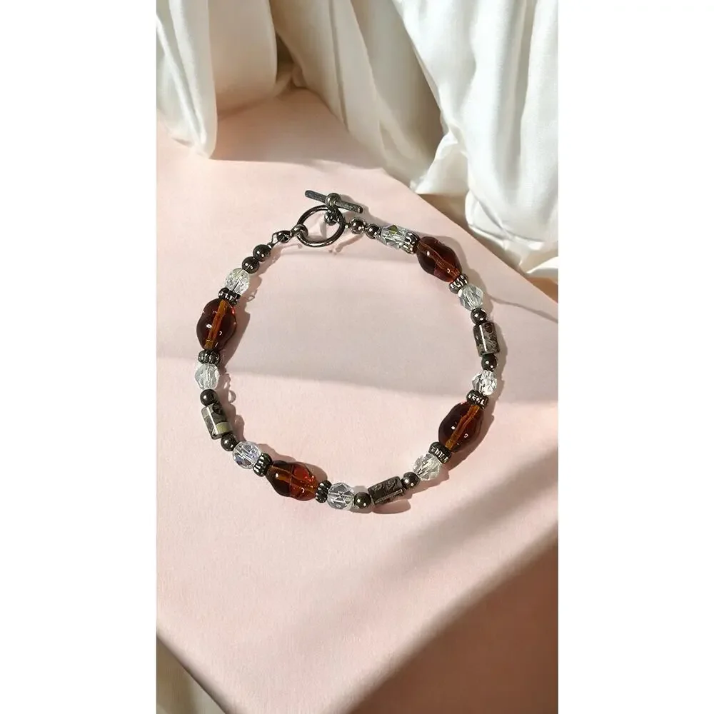 Brown Crystal Beaded Toggle Bracelet Dark Romance Modern Chic